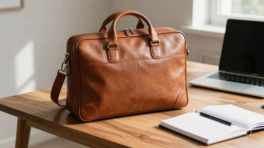 Professionelle Ledertasche auf einem Schreibtisch.