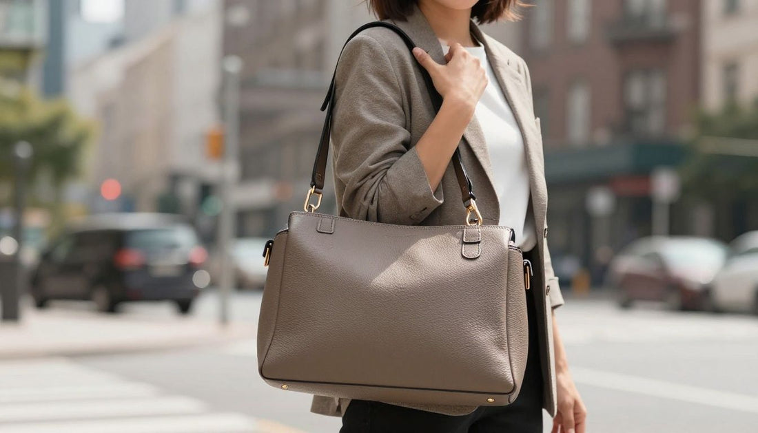 Woman holding a fashionable crossbody bag in a city.