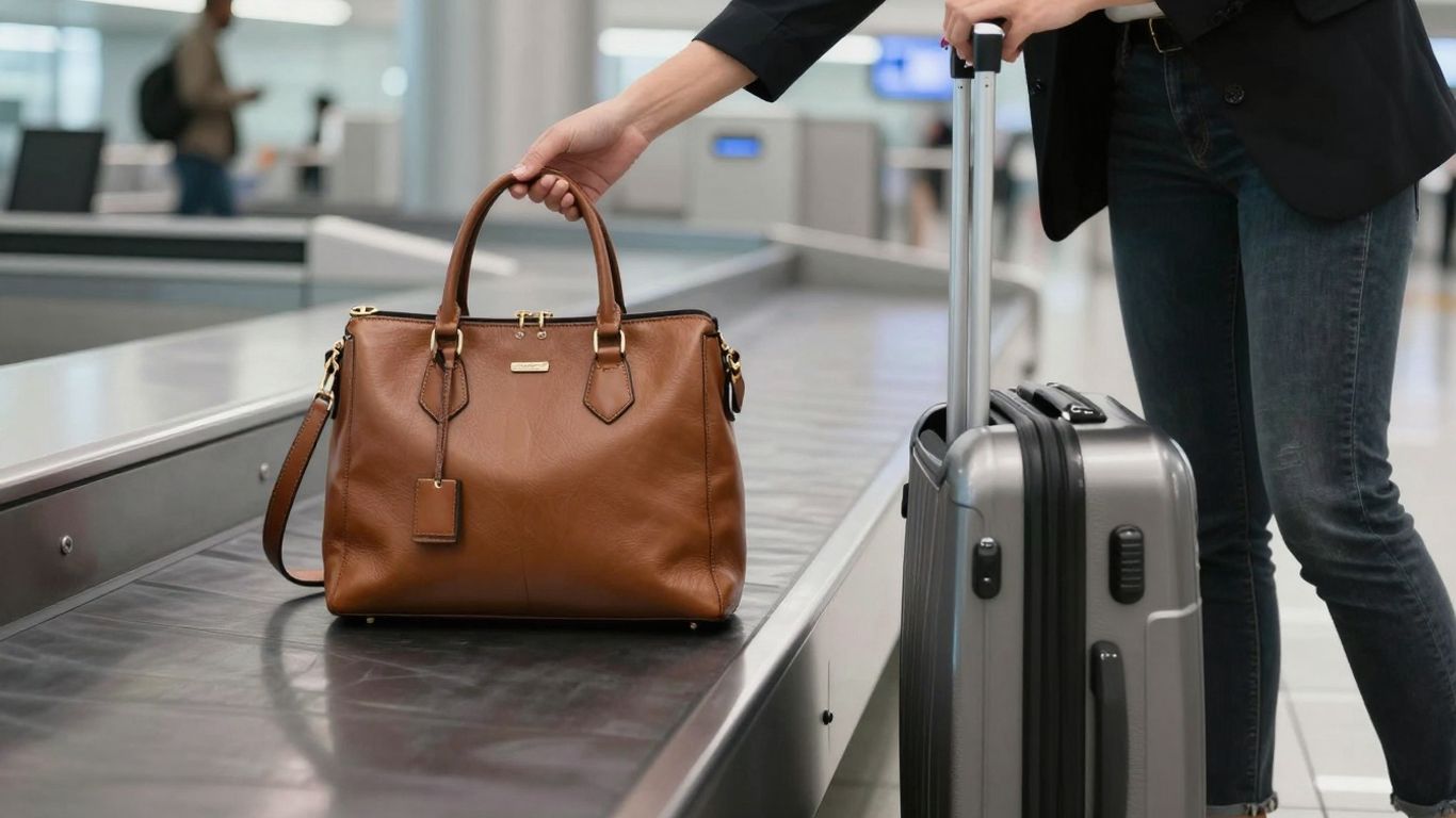 Handtasche neben Rollkoffer am Flughafen-Check-in